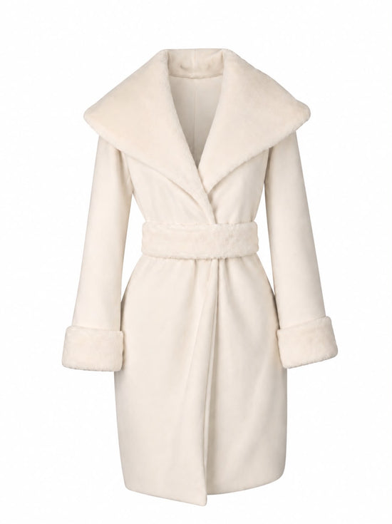 An off-white faux fur coat with a wide collar, matching waist belt, and ribbed cuffs, shown on a plain white background.