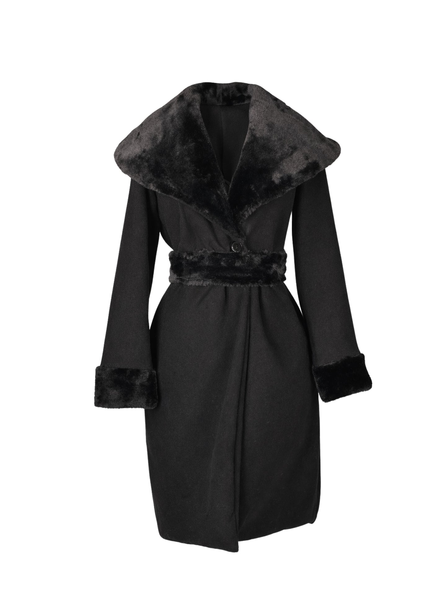 Black coat with fur trim on a white background