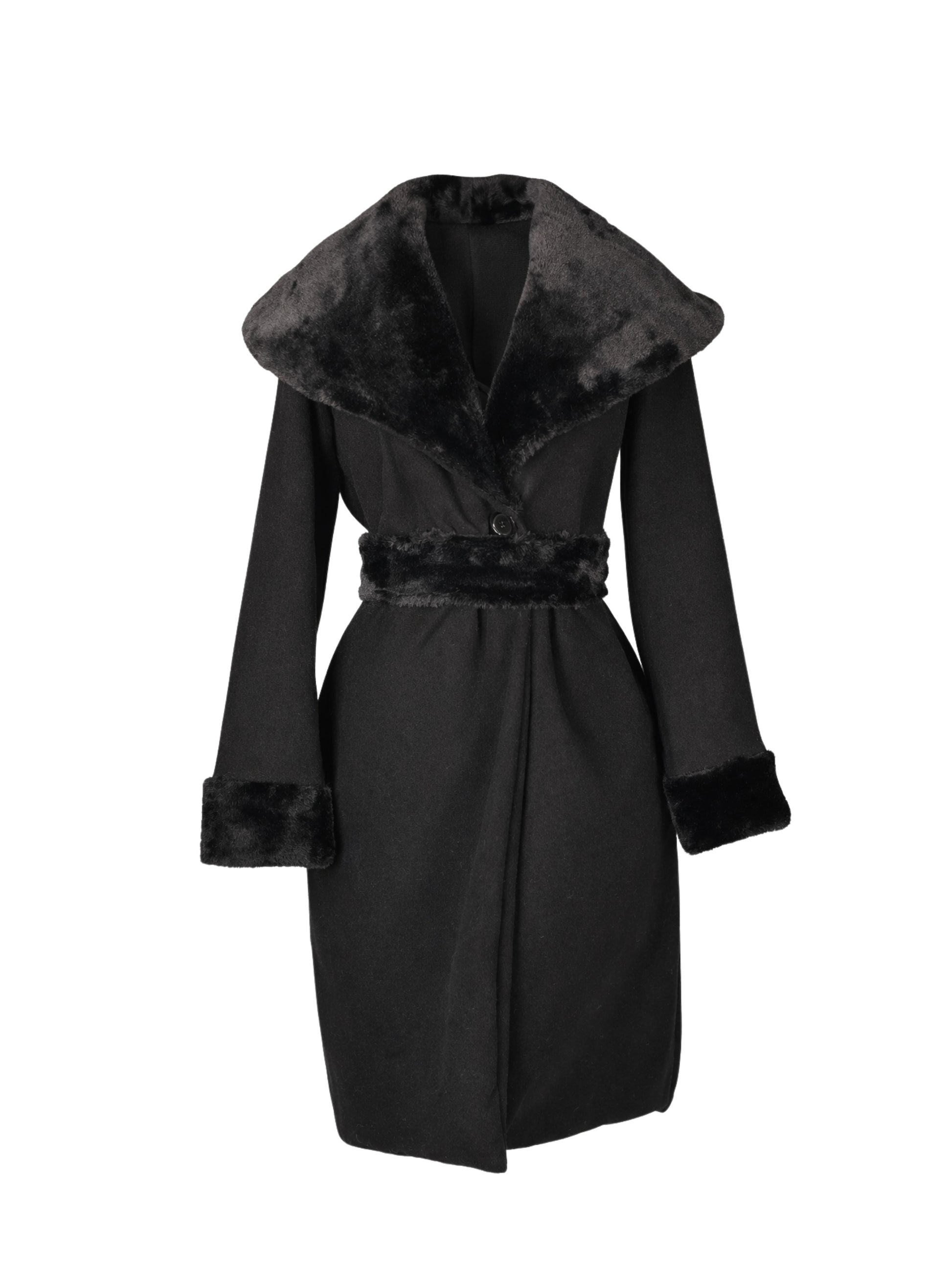 Black coat with fur trim on a white background