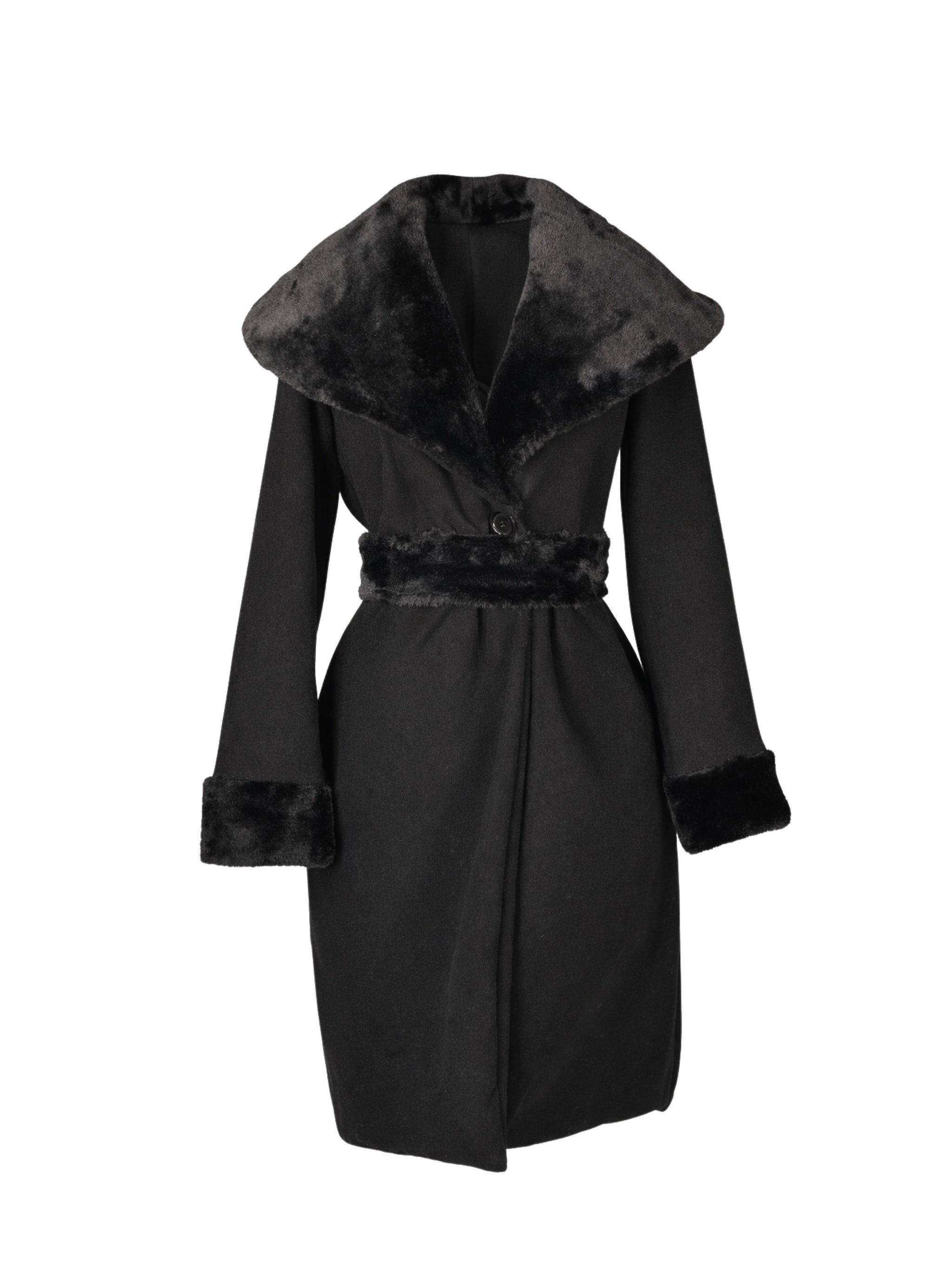 Black coat with fur trim on a white background