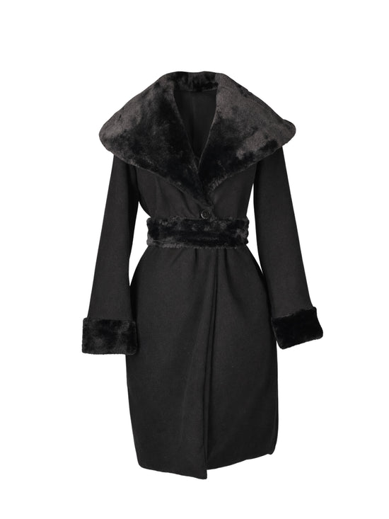 Black coat with fur trim on a white background