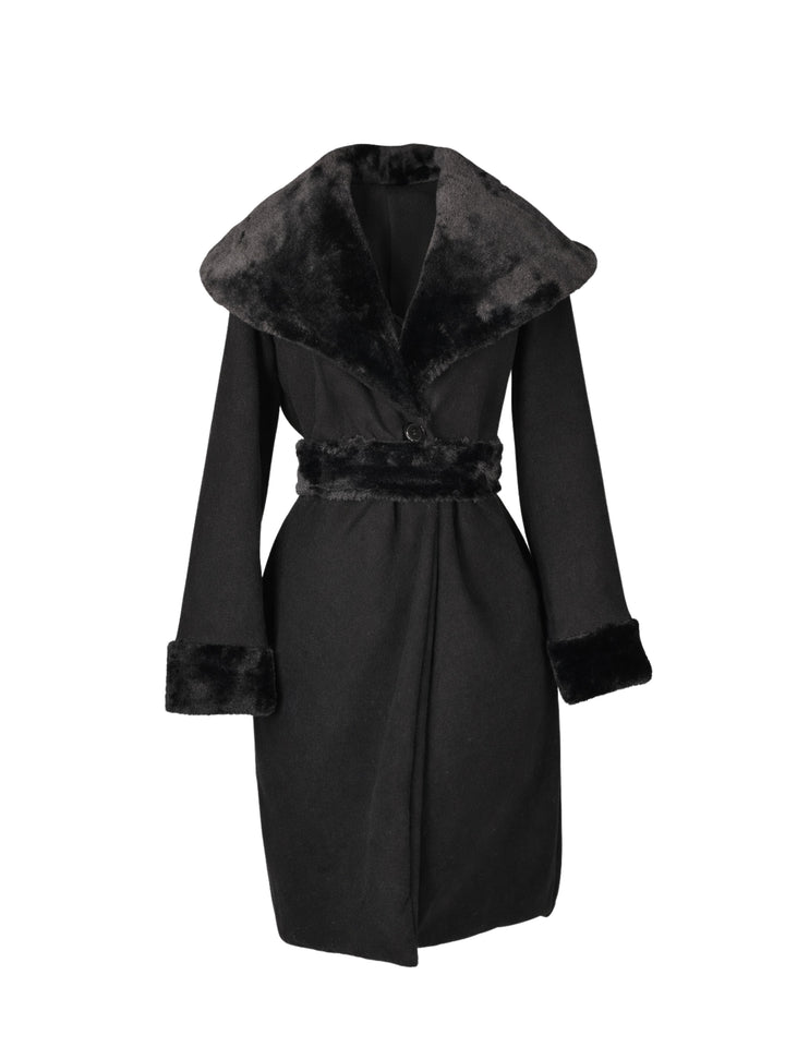 Black coat with fur trim on a white background