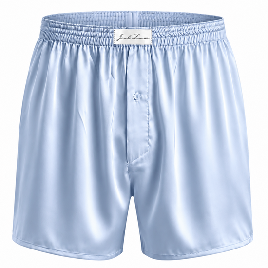 Light blue satin boxer shorts on a white background