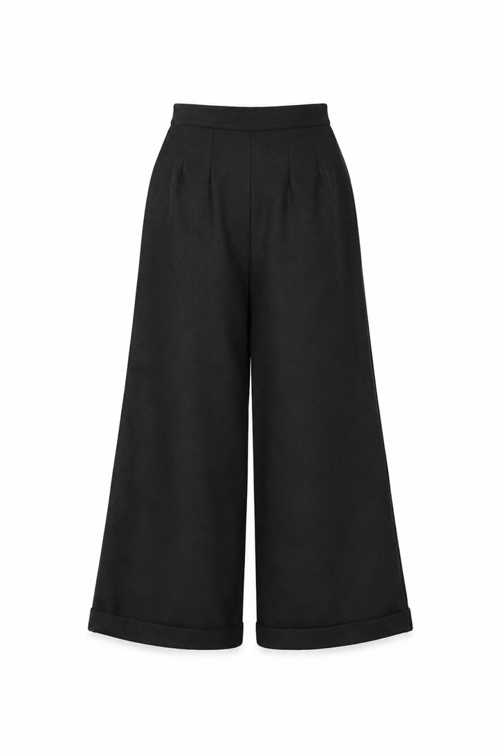 Black wide-leg pants on a white background