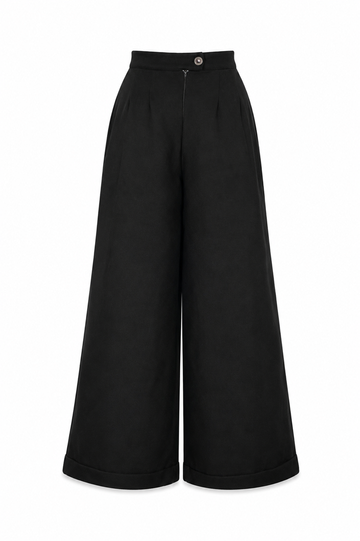 Black wide-leg pants on a white background