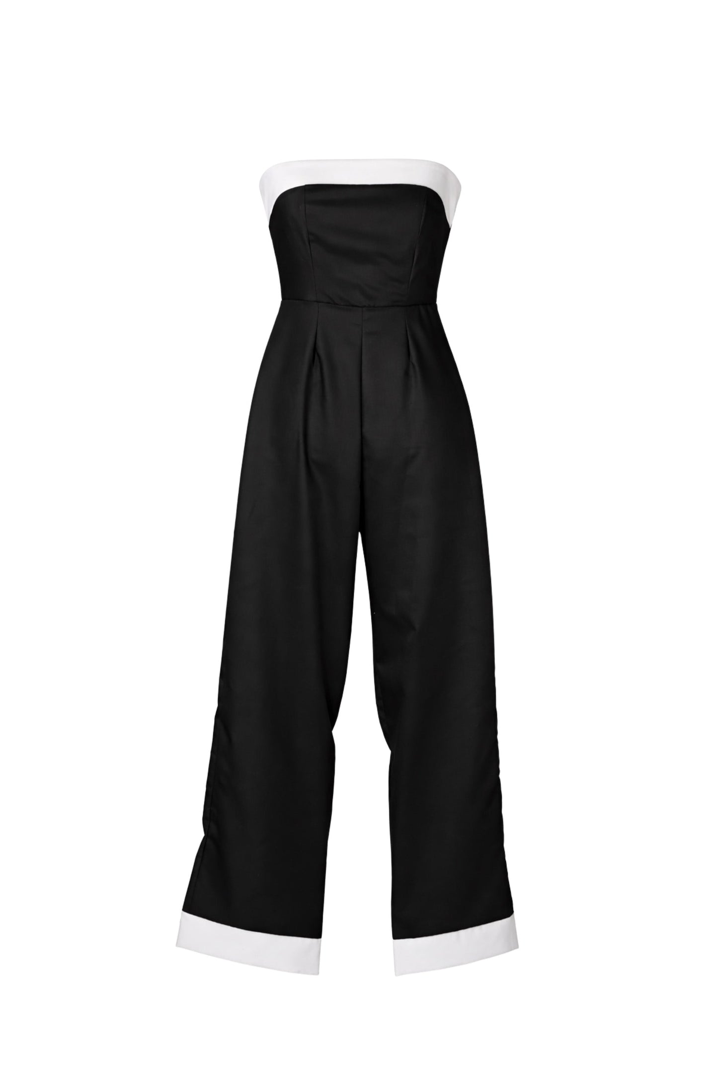 Black strapless jumpsuit with white trim on a white background