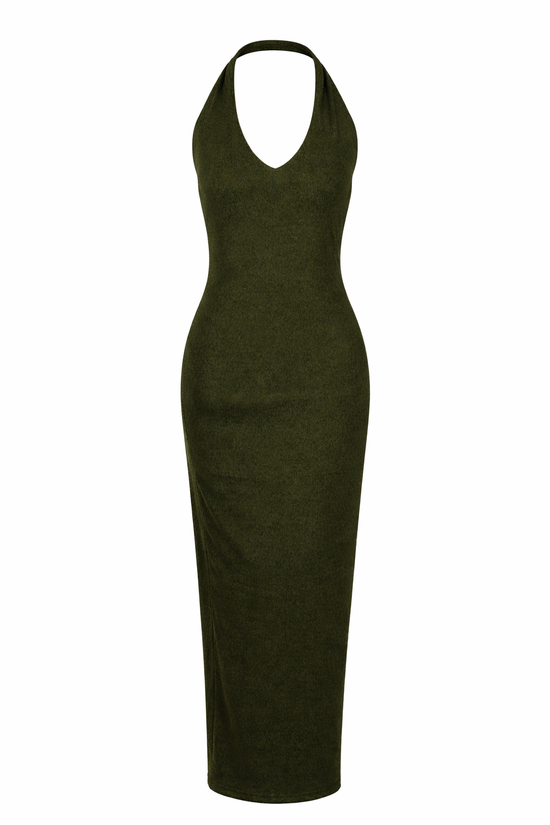 Green dress with halter neck on a white background