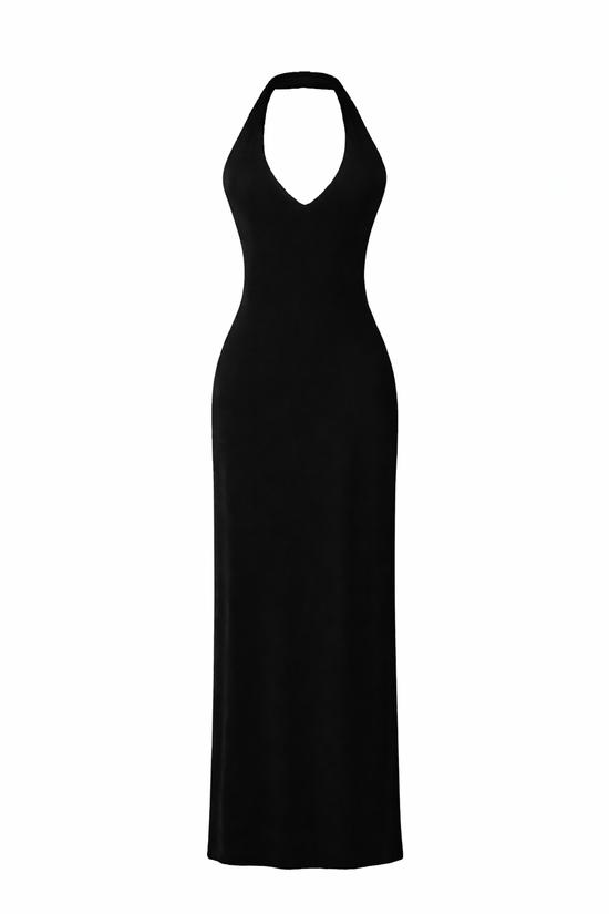 Black halter neck dress on a white background