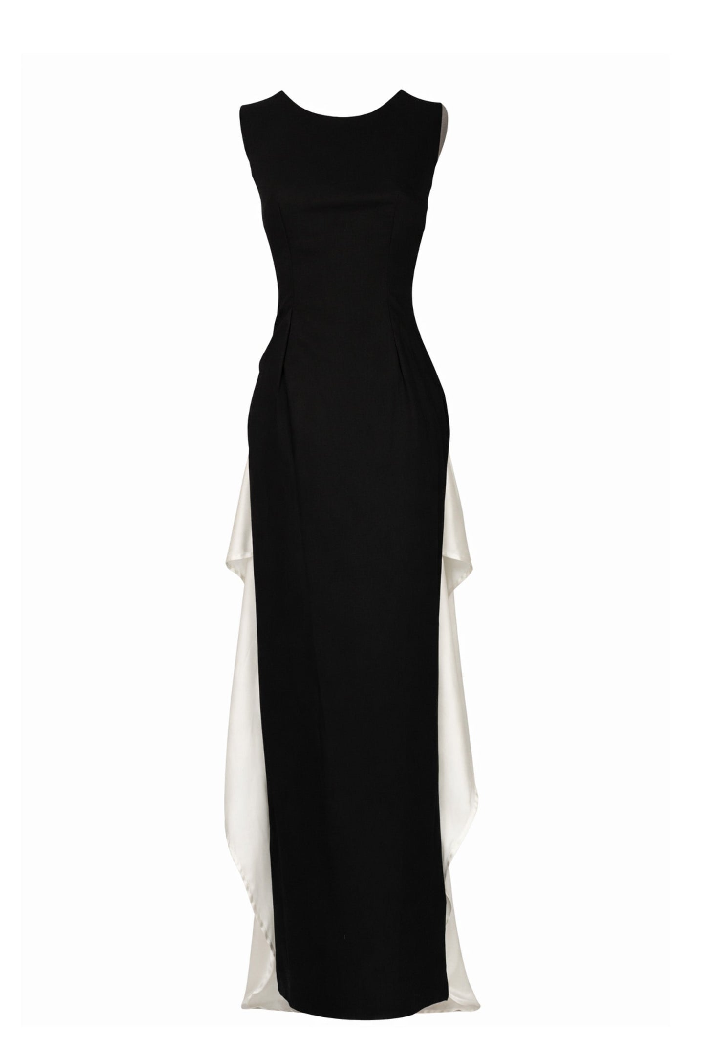 Black and white dress with a high-low hem on a white background