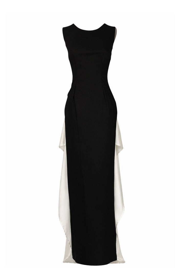 Black and white dress with a high-low hem on a white background