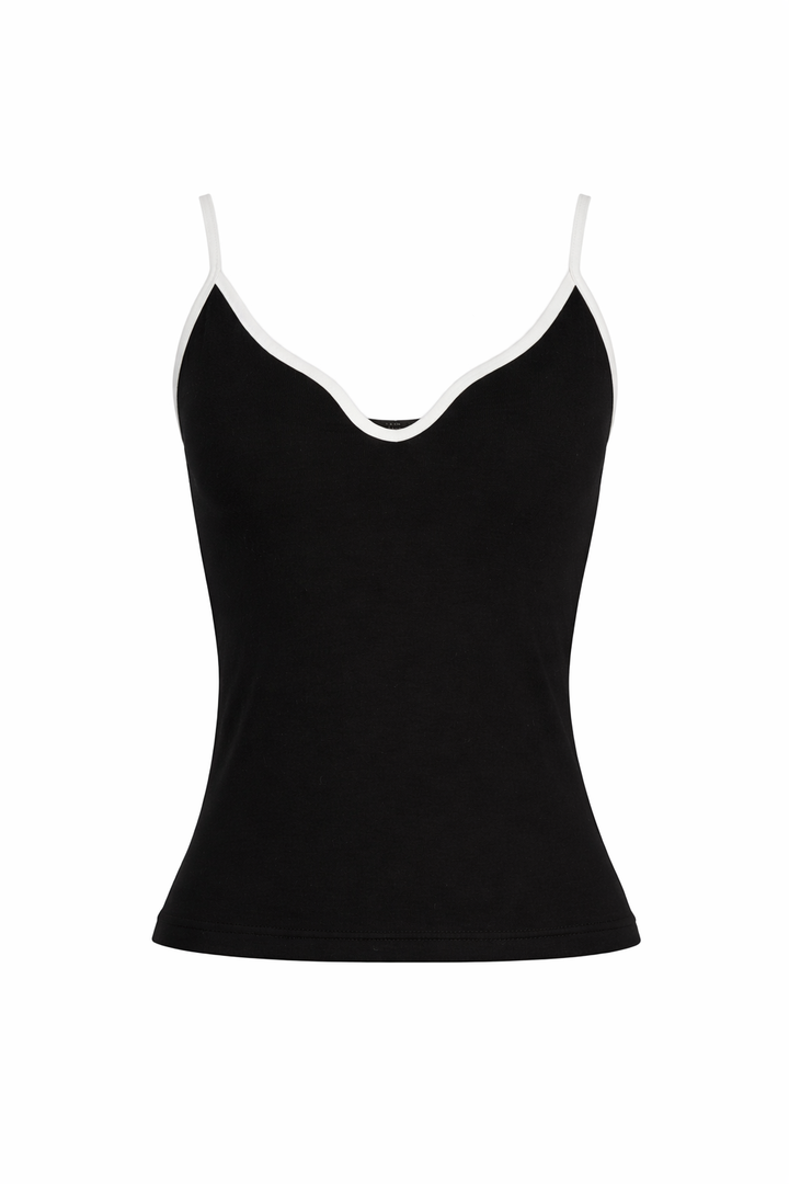 Black tank top on a white mannequin against a white background