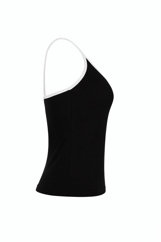Black tank top with white straps on a white background