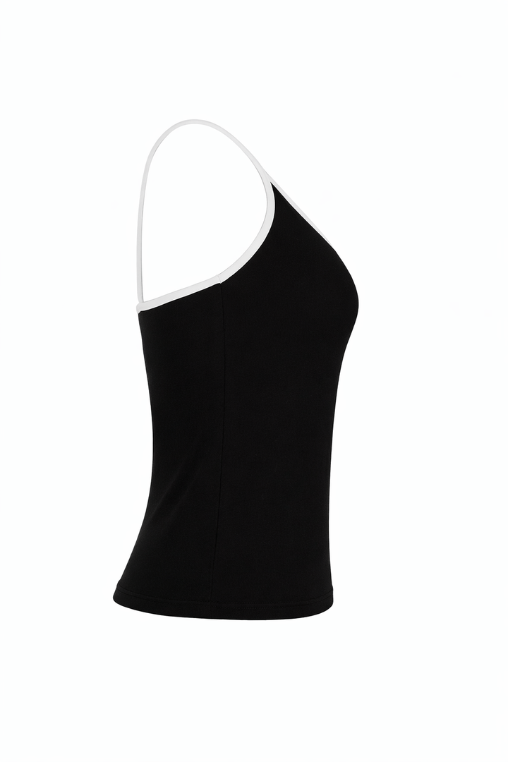 Black tank top with white straps on a white background