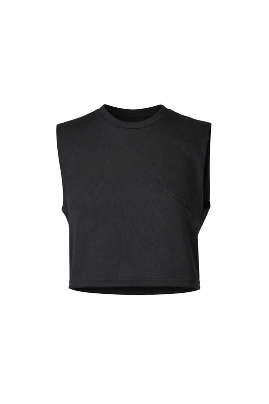 Black sleeveless top on a white background