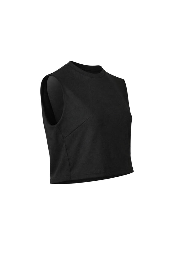Black sleeveless top on a white background
