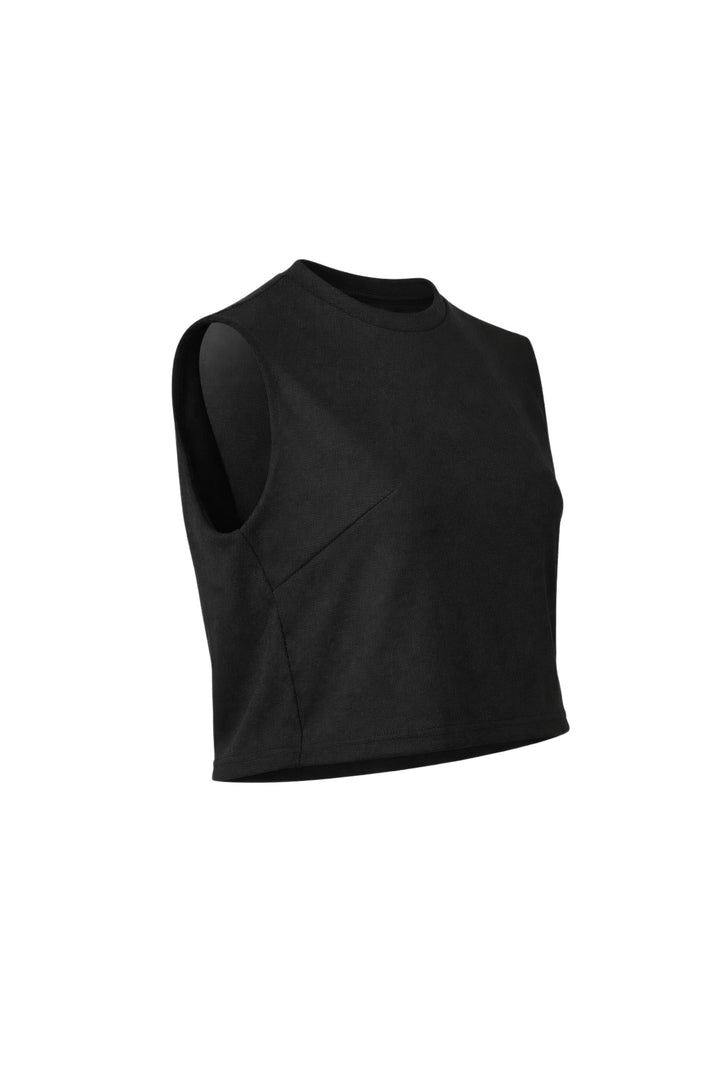 Black sleeveless top on a white background