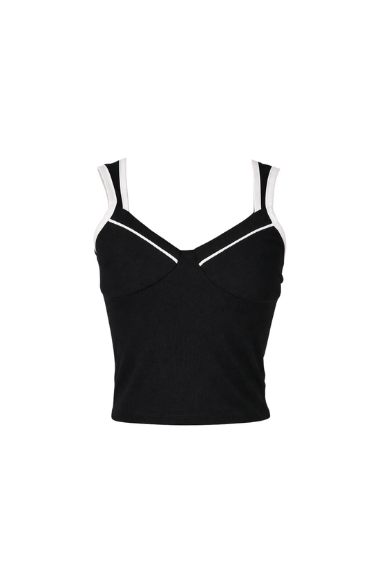 Black crop top with white trim on a white background