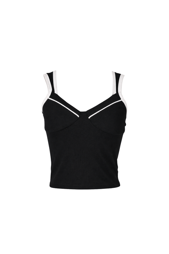 Black crop top with white trim on a white background