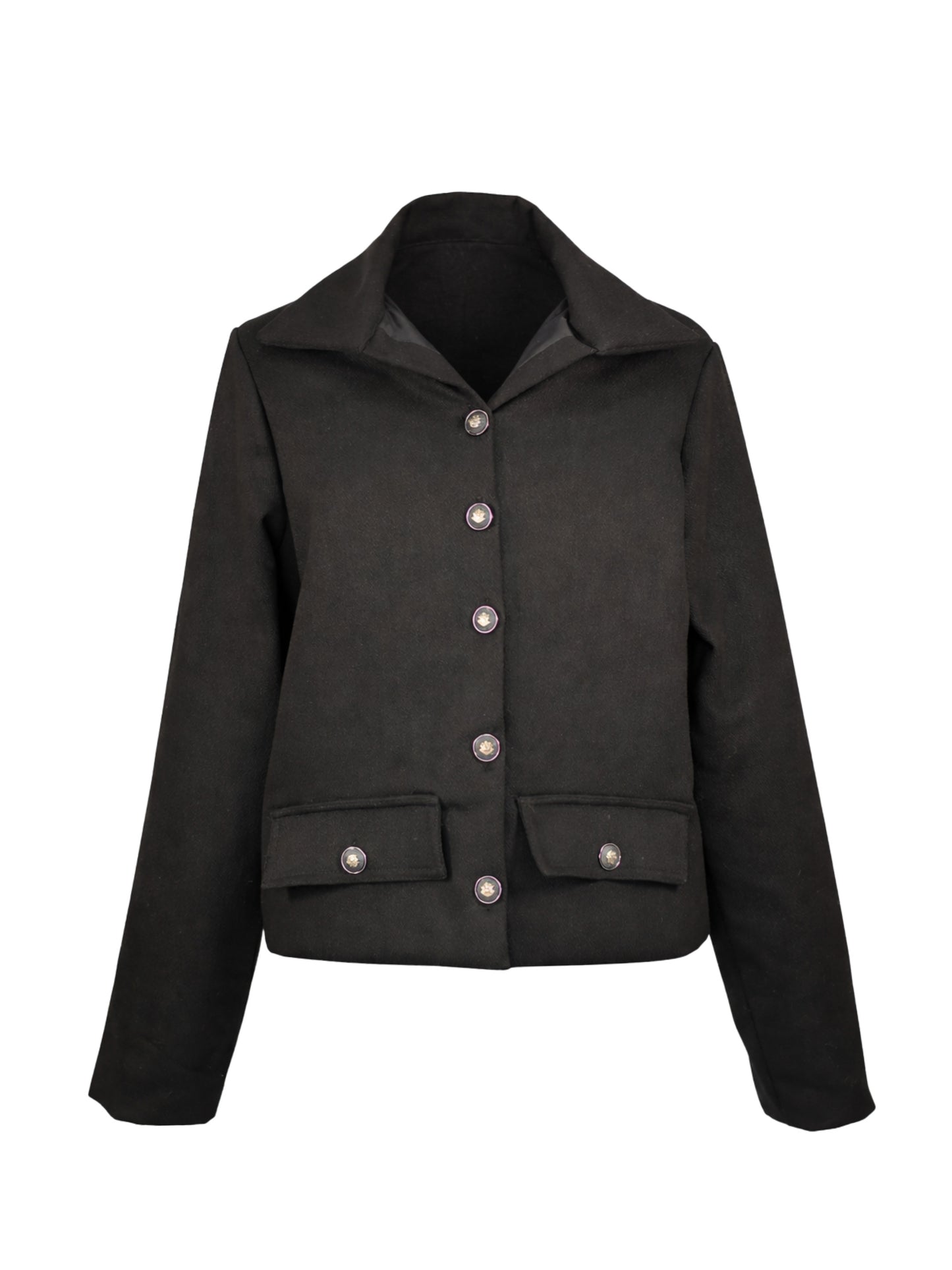 Black jacket with button details on a white background