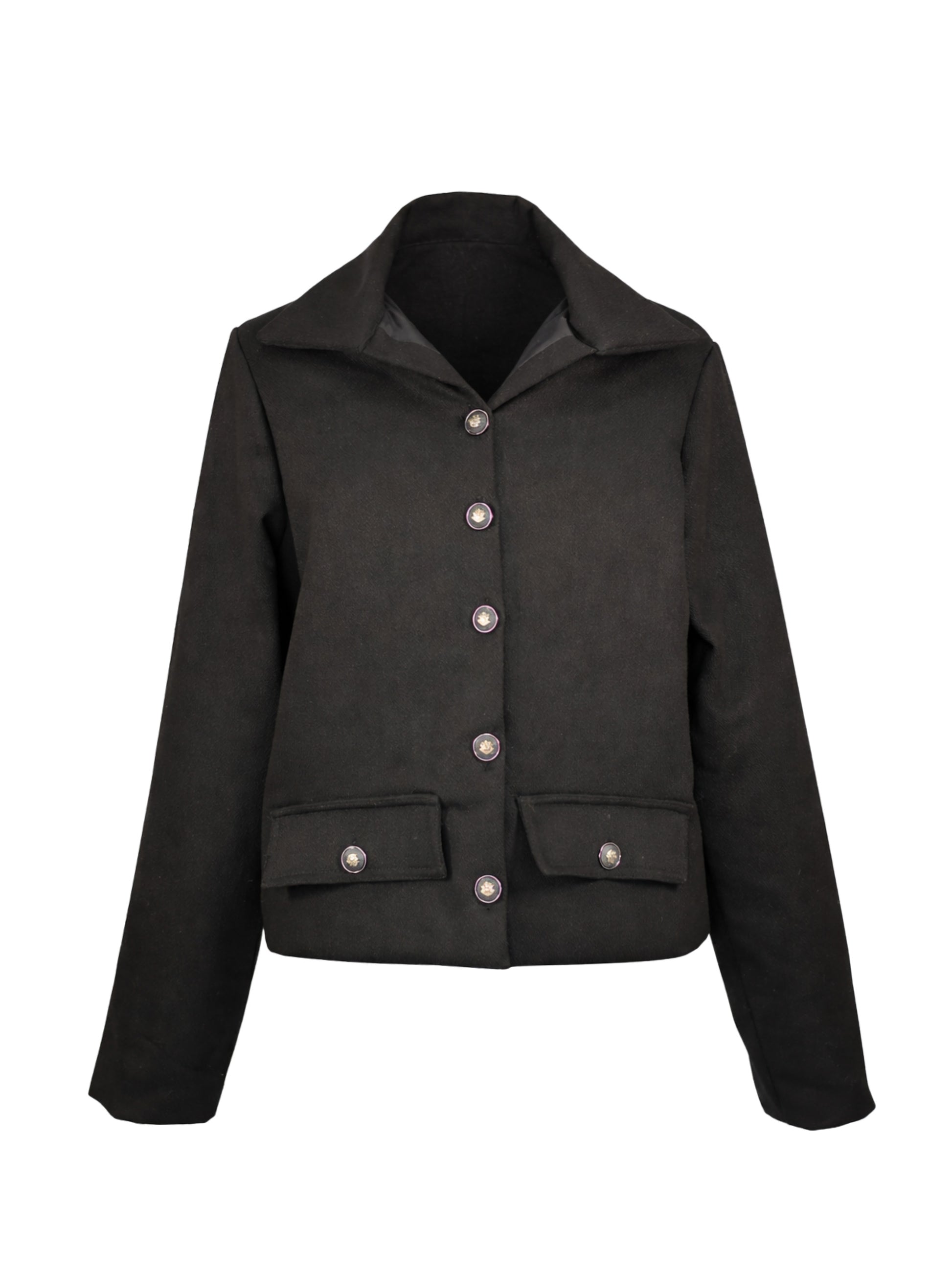 Black jacket with button details on a white background