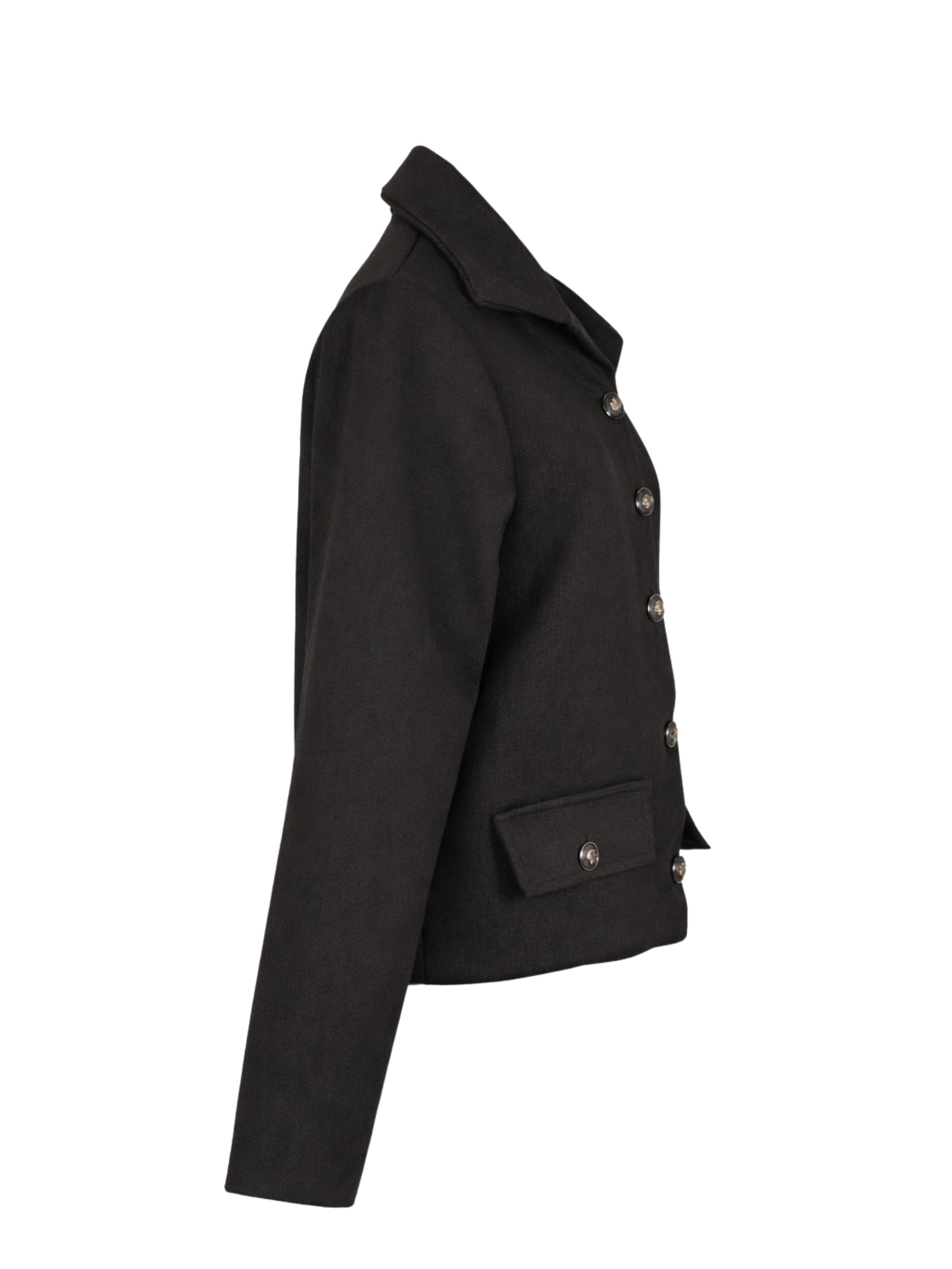 Black jacket with button details on a white background
