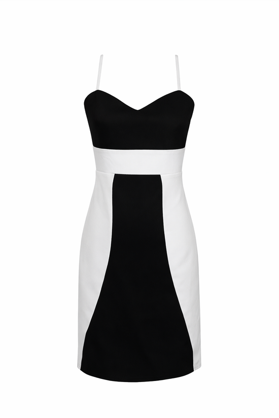 Black and white dress with thin straps on a white background