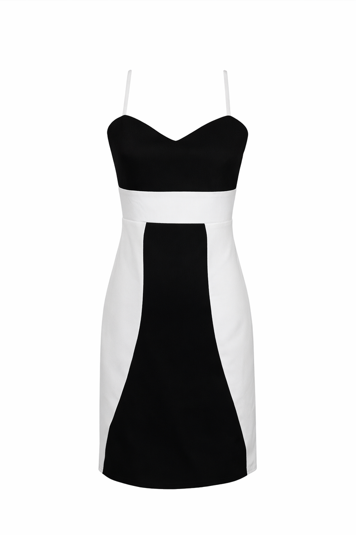 Black and white dress with thin straps on a white background