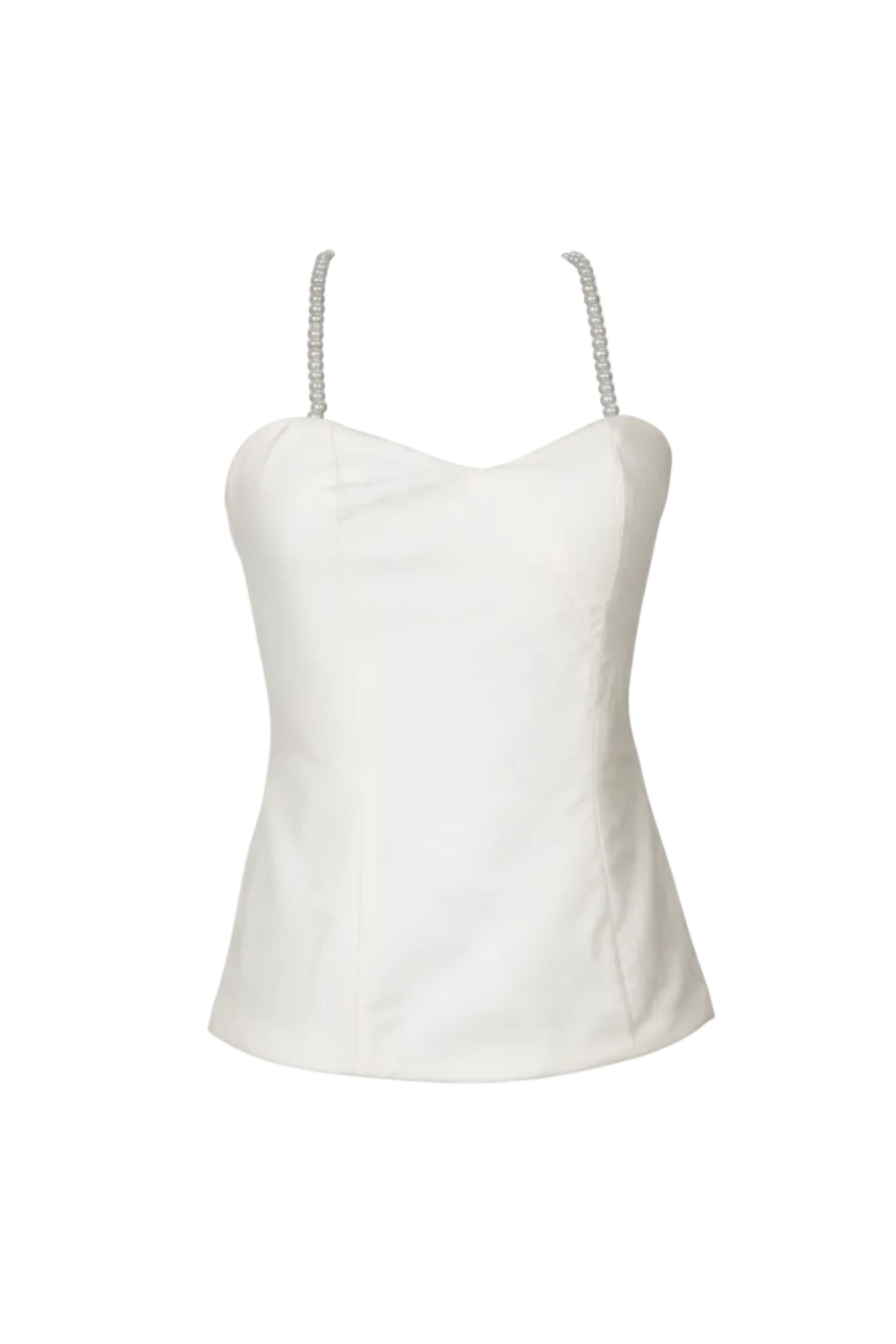 White strap top with pearl-like embellishments on thin straps against a white background