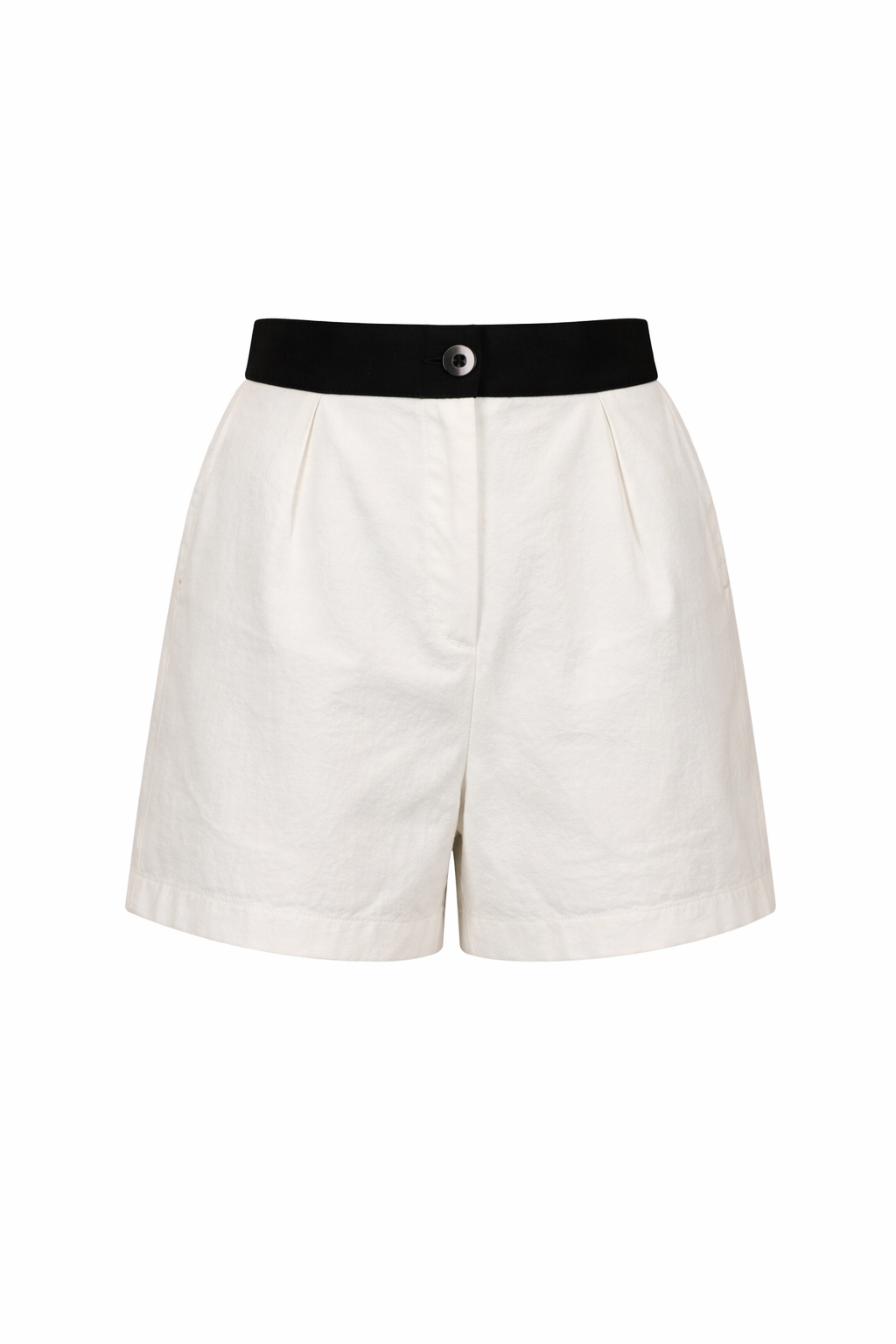 White shorts with a black waistband on a white background