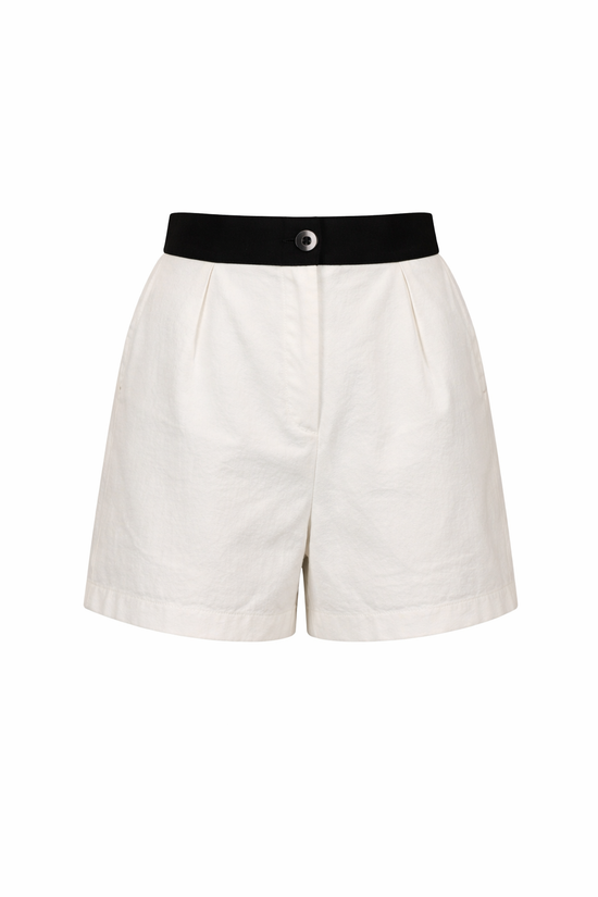 White shorts with a black waistband on a white background
