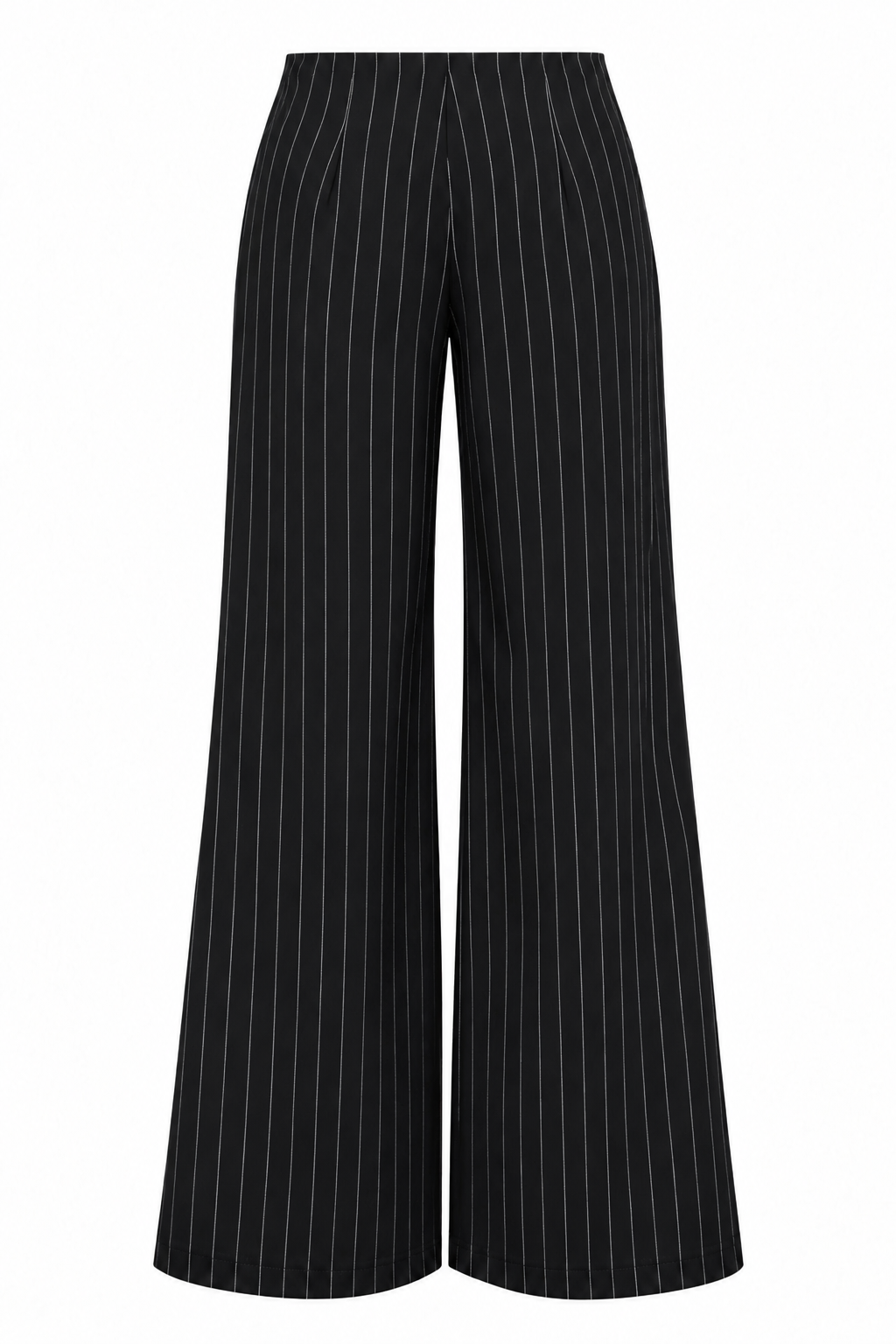 Black pinstripe Grace Trousers front view with low-rise flared silhouette
