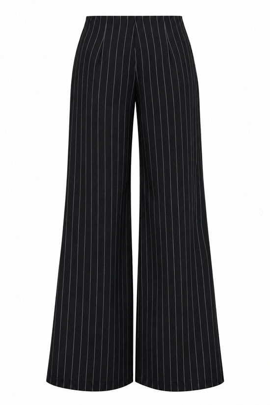 Black pinstripe Grace Trousers front view with low-rise flared silhouette