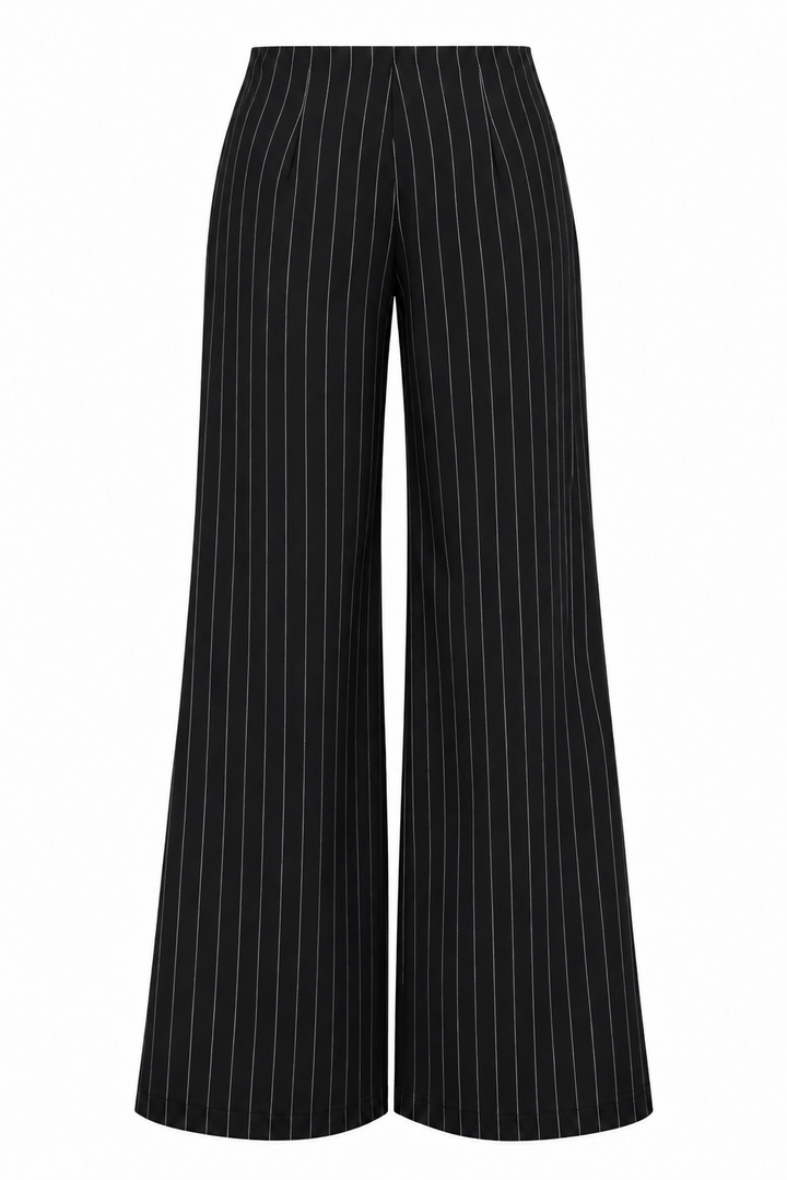 Black pinstripe Grace Trousers front view with low-rise flared silhouette