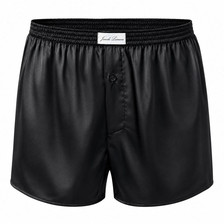Black satin shorts with a brand label on a white background