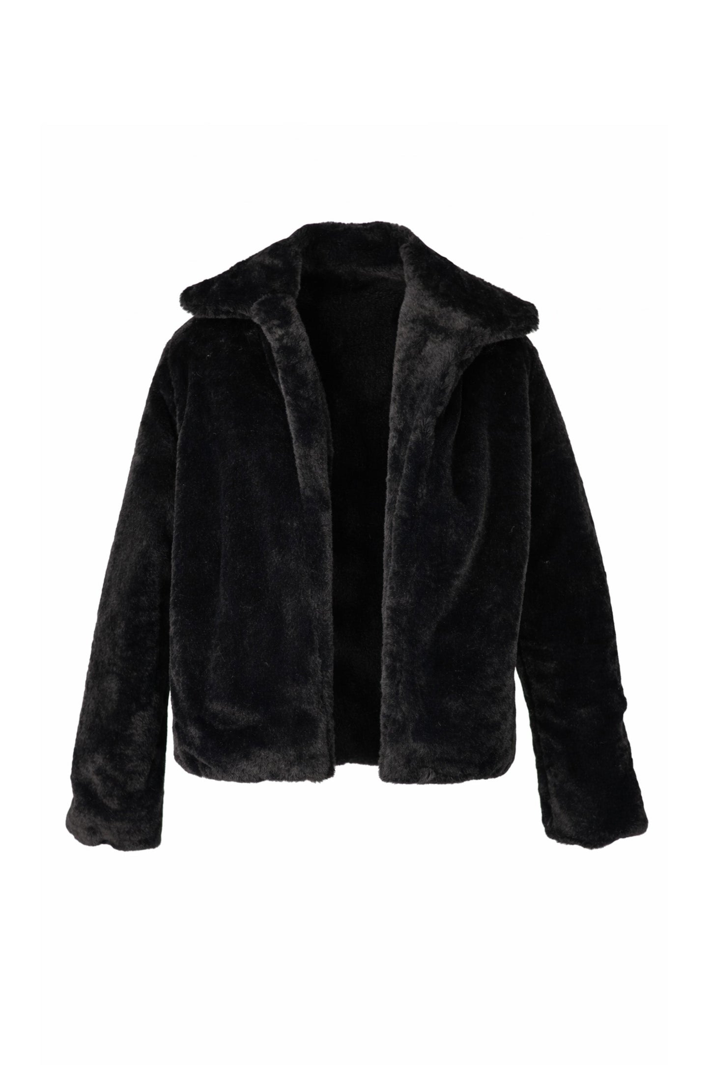 Black faux fur jacket on a white background
