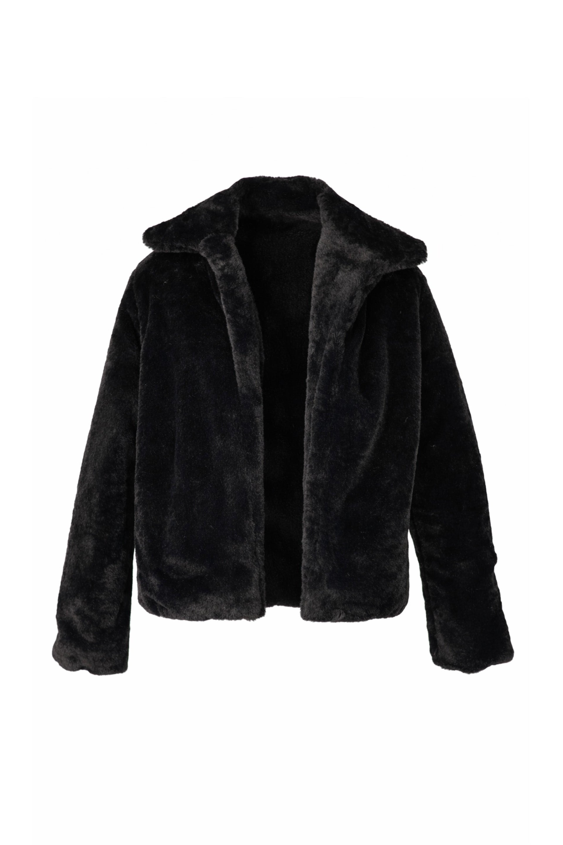 Black faux fur jacket on a white background