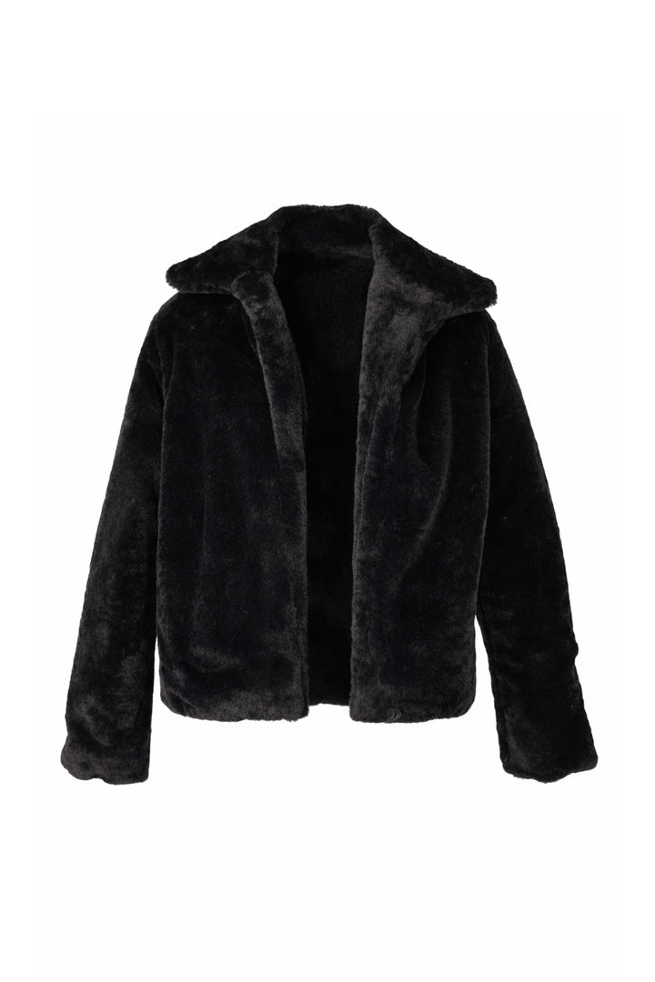 Black faux fur jacket on a white background