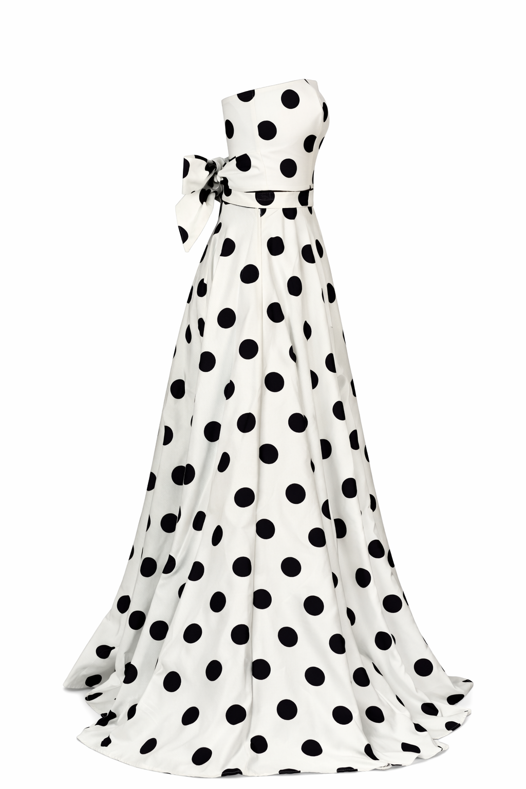 White evening gown with black polka dots on a white background