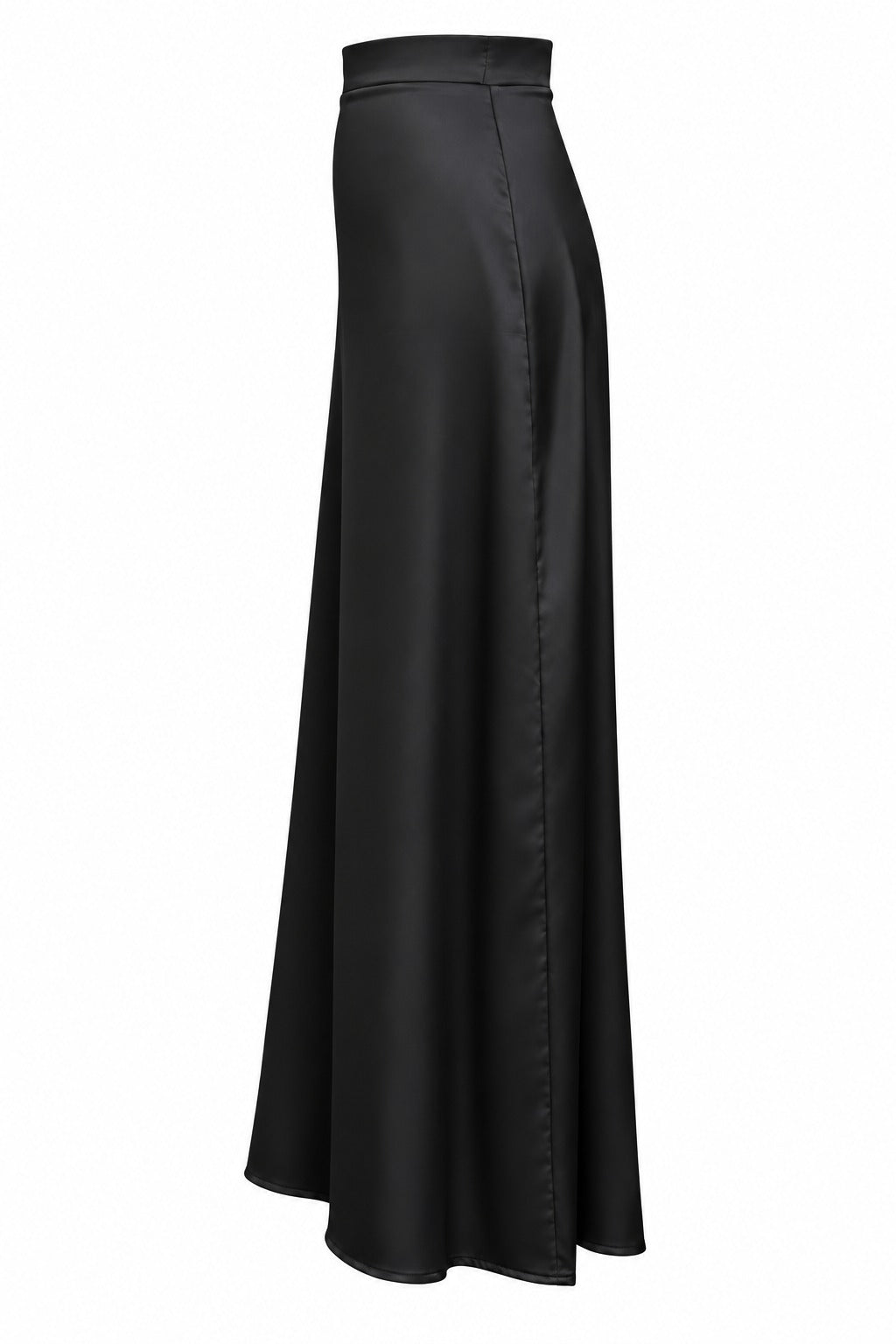Black cashmere skirt side view with gold detailing and train