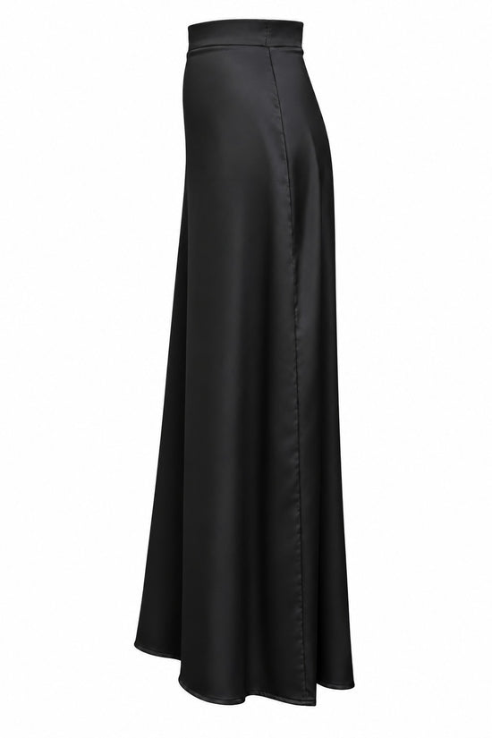 Black cashmere skirt side view with gold detailing and train
