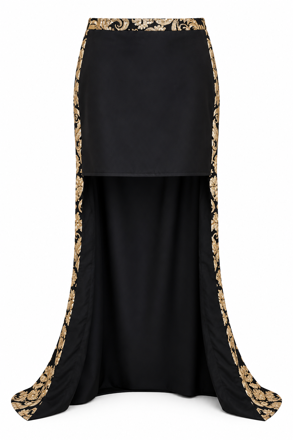White satin skirt front view with embroidered JL logo and side slits