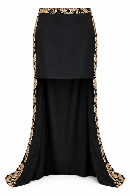 White satin skirt front view with embroidered JL logo and side slits