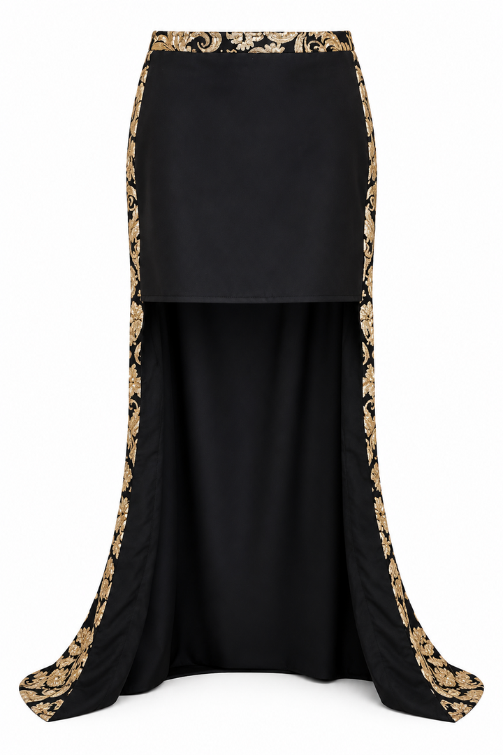 White satin skirt front view with embroidered JL logo and side slits