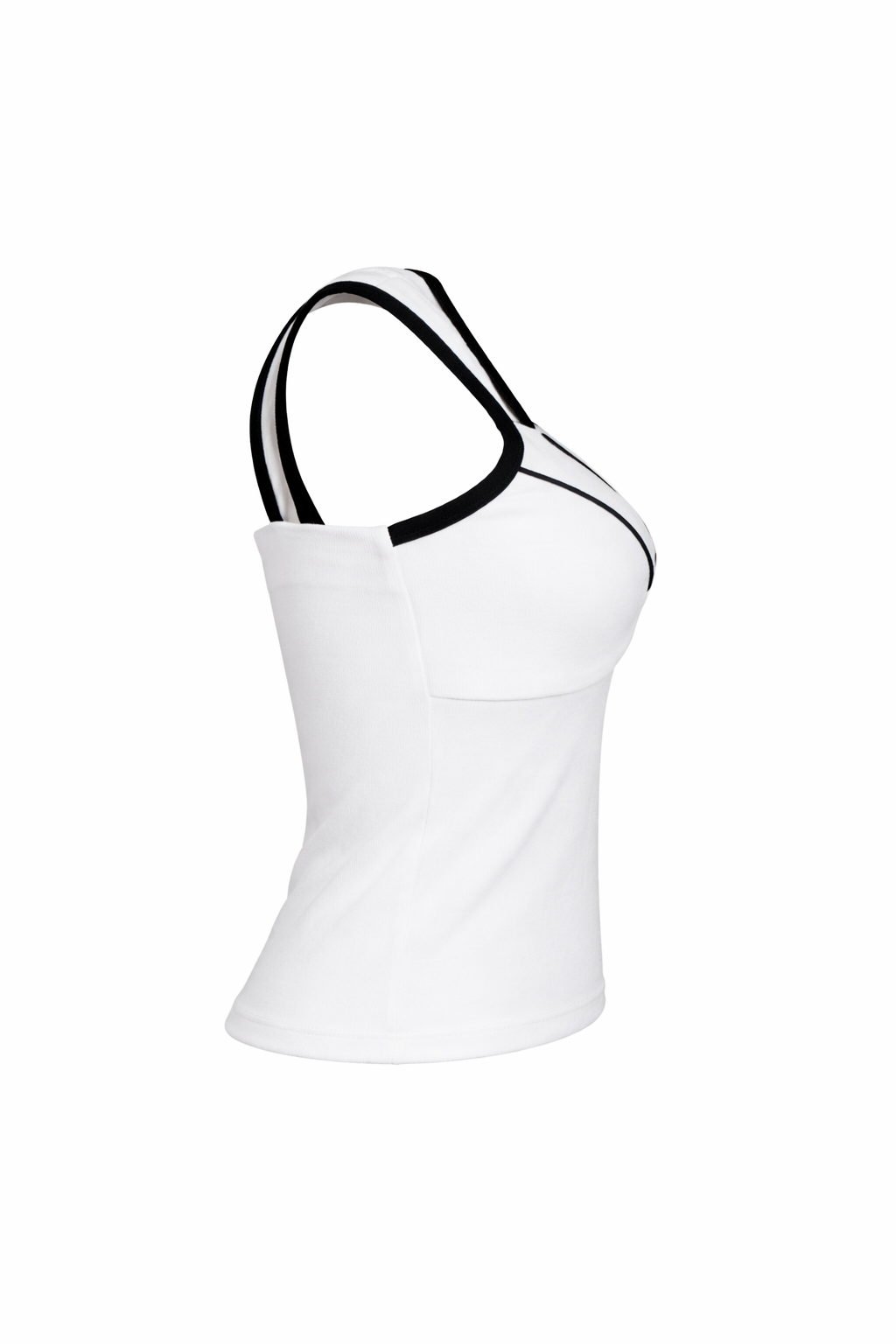 White tank top with black straps on a white background