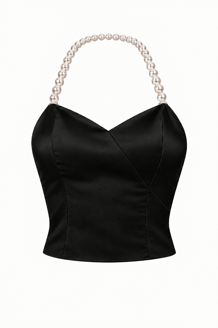 Black cashmere Sofia Top front view with sweetheart neckline and pearl neck detail