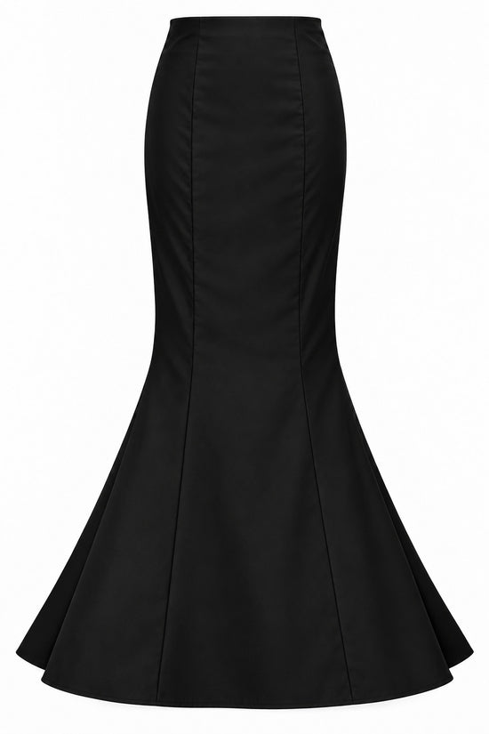 Black cashmere Stacey Skirt front view with mermaid silhouette