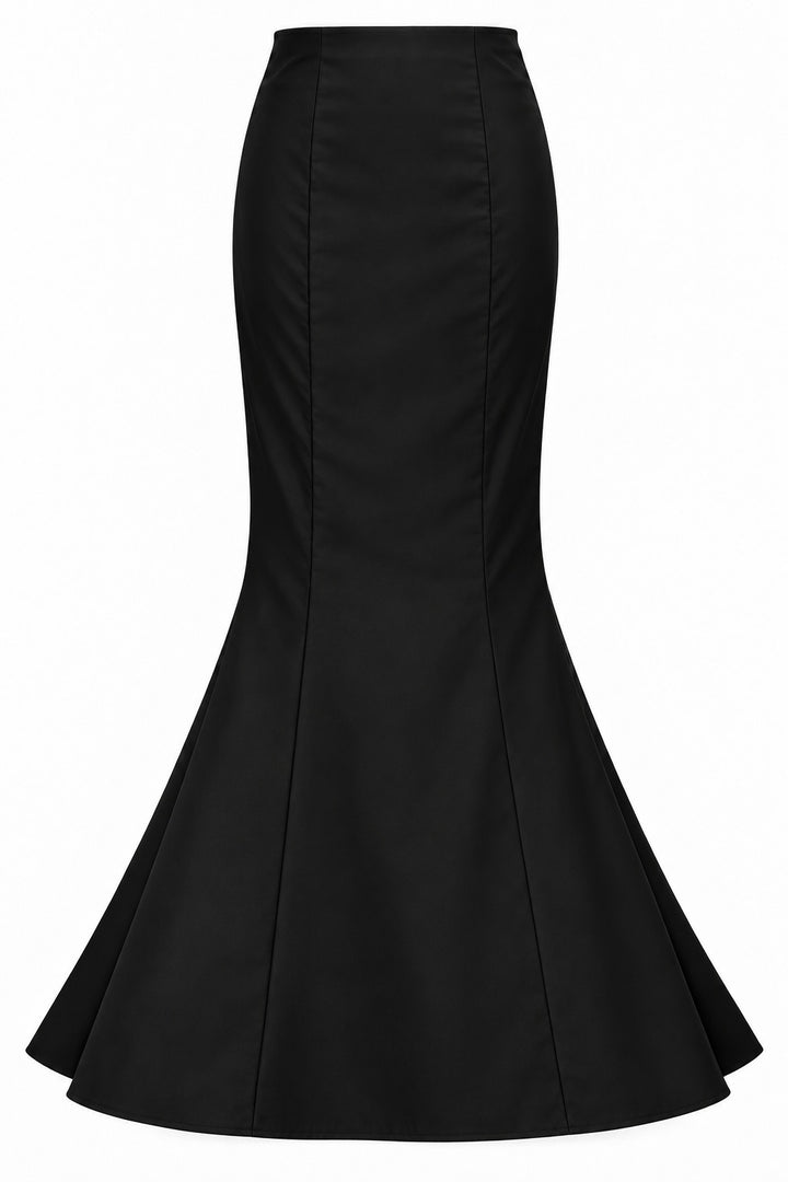 Black cashmere Stacey Skirt front view with mermaid silhouette