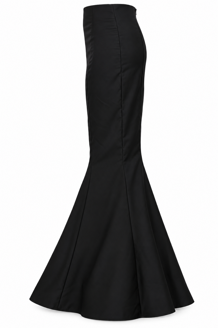 Black cashmere Stacey Skirt side view with gathered netting panels